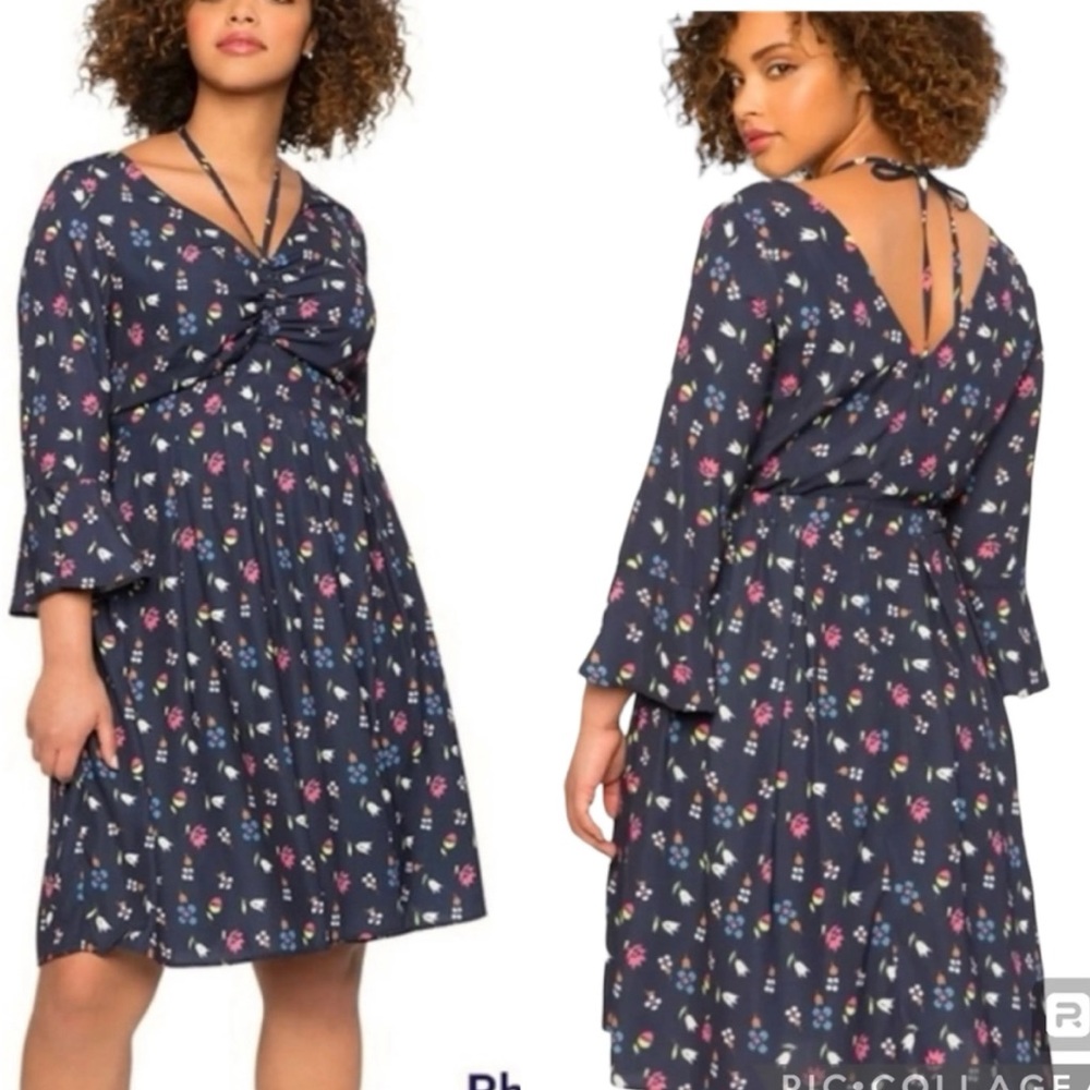Eloquii Navy Floral Bell Sleeve Milkmaid‎ Midi Dress 3X